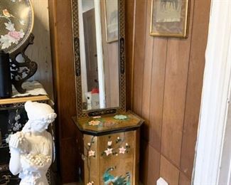 Lot #152 - $120 for Set - Chinese Lacquer Peacock Cabinet with Matching Wall Mirror (cabinet is 17" L x 12.5" W x 30" H, mirror is 14" L x 40" H)