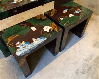 Lot #153 - $100 for Pair - Pair of Lacquer Side Tables with Ducks (some minor scratches)