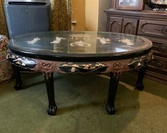 Lot #158 - $150 - Chinese Black Lacquer Cocktail / Coffee Table, Glass Top (48" L x 30" W x 21.5" H)