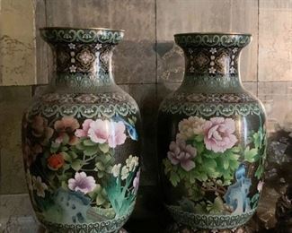 Lot #159 & Lot #160 - $325 each - Pair of Large Cloisonne Vases, Bird & Flowers (22.5" H including stand)