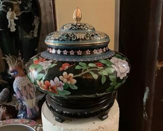 Lot #170 - $125 - Chinese Enamel Cloisonne Covered Jar /  Urn, Bird & Flowers (13" dia. x 12.5" H)