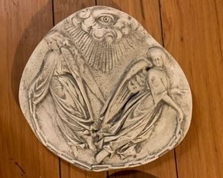 Lot #183 - $40 - Plaster Relief Plaque / Wall Hanging, Angels & Eye (14.25" L x 13.5" H)