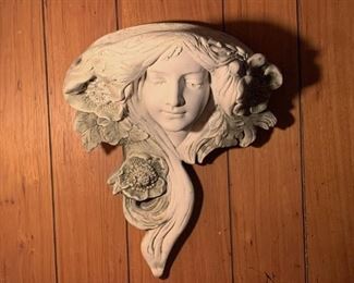 Lot #190 - $50 - Concrete Relief Wall Pocket / Wall Hanging, Lady with Flowers (13" L x 16" H)
