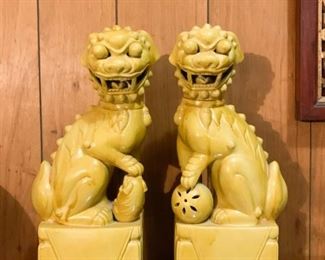 Lot #195 - $250 - Pair of Chinese Ceramic Foo Dogs, Yellow (17.5" H)