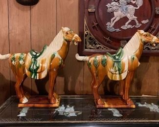 Lot #196 - $100 for Pair - Pair of Chinese Ceramic Horse Statues (each is 20.25" L x 6" W x 19" H), there is a tiny, tiny chip on one of the horses ears