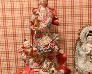 Lot #207 - $150 - Large Porcelain Goddess Statue with Children, Koi & Dragon (37.5" H)
