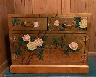 Lot #225 - $75 - Small Gold Lacquer Chest with Roses (26" L x 14" W x 20" H)
