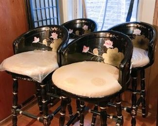 Lot #227 - $200 for Set - Set of 4 Chinese Black Lacquer Bar Stools (seats are 31" H)