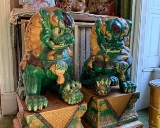 Lot #237 - $900 - Monumental Green Ceramic Temple Lions / Foo Dogs (each is approx. 17.5" L x 21.5" D x 39.5" H)