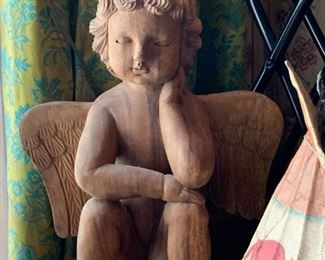 Lot #244 - $60 - Primitive Wood Carved Sitting Angel Sculpture / Statue