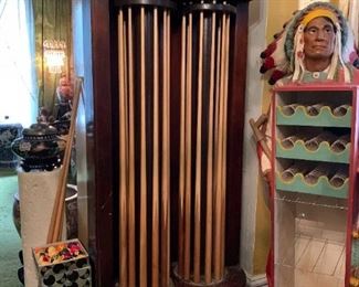 Lot #247 - $2,400 - Vintage Brunswick Billiard Pool / Cue Stick Display Case / Rack with Light (left mount turns, right mount needs a little work), 31" L x 16" D x 81.5" H