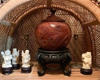 Hard Resin Asian Figurines / Miniatures, Wood Carved Urn (These items are NOT available online.  They must be purchased at the sale.)