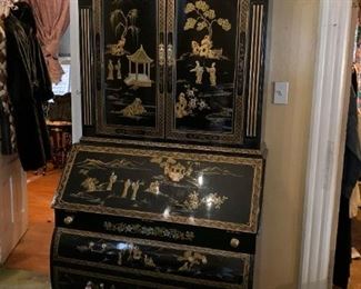 Chinese Black Lacquer Secretary with Hutch, 2 pieces (This item is NOT available online.  It must be purchased at the sale.)