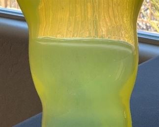 Yellow blue rim wave vase unsigned	10in x 5 1/2in Diameter		PT154