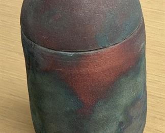 *signed* Iridescent RAKU Lidded Vase Ed Dvorscak	7in H x 4in Diameter		PT160