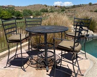 Heavy iron Outdoor High Top Steel Table + 4 Chairs	Table: 40” diameter/ 40” tall  chairs:22” x 49” tall		D714-27