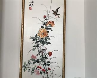 Oriental embroidered silk art 36"h X 14"w