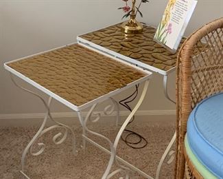Wrought iron nesting tables w/ crinkle glass tops