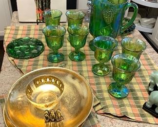 Green Pitcher and 7 glasses