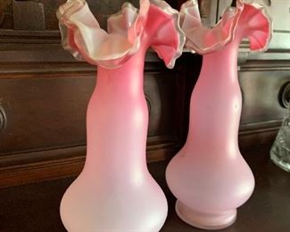 Pink frosted sandwich glass vases