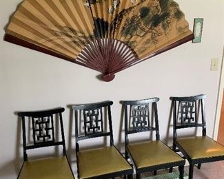 Large Japanese wall fan; Asian inspired folding chairs 