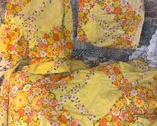 1970s pattern curtains and bed spread
