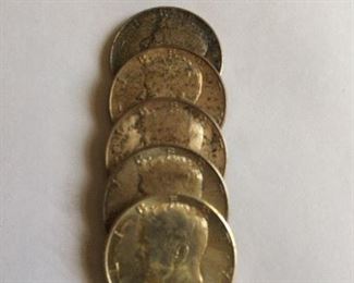 Five 1964 Kennedy half dollar coins
