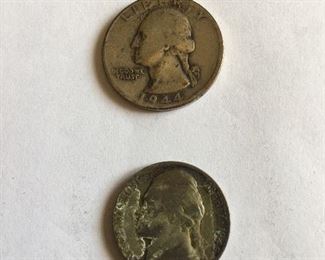 1944-S Washington quarter and 1945-S Jefferson nickel