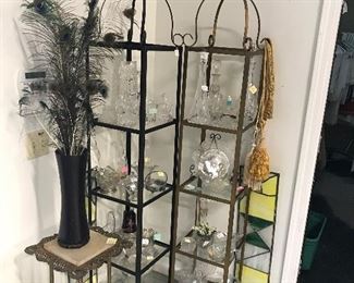 Wrought iron shelves w/pressed & cut glass