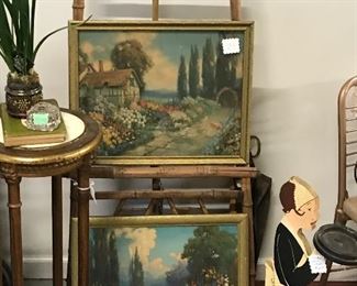 Bamboo easel, marble top plant stand, Fox prints