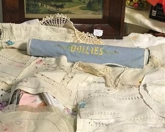 Vintage linens & Currier Ives print