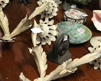 Metal wall candle sconces & cast iron bookends