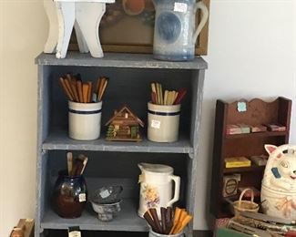 Blue crackled shelf & pottery