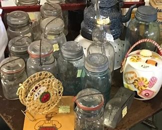 Lots of fruit jars, glass & zinc top