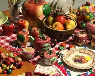 Apple cookie jar, teapot, jam jars, calendar plate