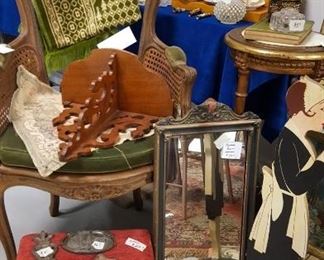 French style chair, wooden cut out maid, mirror