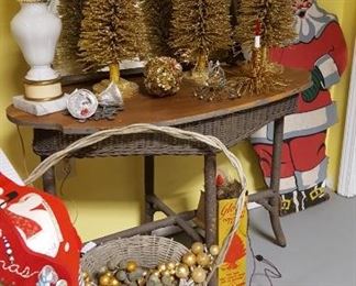 Wicker table, Santa cut out, vintage Christmas