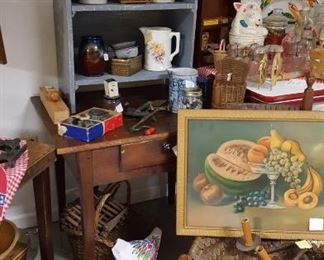 Primitive table & blue crackled shelf