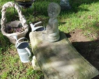 Concrete bench, basket, bird bath