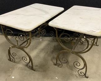Matched Pair Wrought Iron Beveled Marble Tables