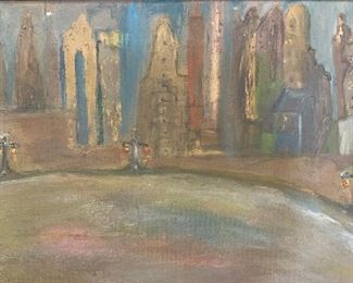 Signed Mid Century Oil Painting Cityscape 1960