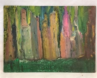 Mid Century Oil Abstract Cityscape Painting