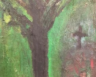 Mid Century Tree in a Landscape Oil Painting