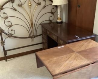 Heavy quality full sized brass headboard, desk, folding table