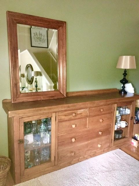 Antique counter, large beveled mirror 