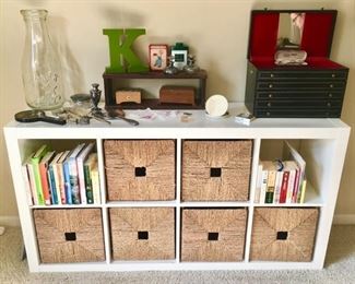 Sectional storage with baskets, jewelry box, dresser items, etc