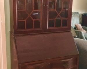 2 piece antique display cabinet, writing desk with drop front