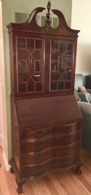 2 piece antique display cabinet, writing desk with drop front 