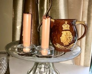 Copper pitcher, vintage Queen Elizabeth pitcher, cake stand