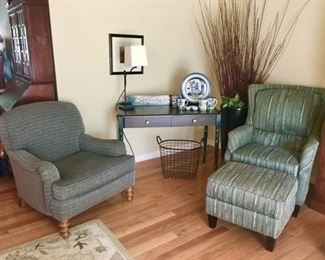Quality upholstered chairs, ottoman, vintage desk, lamps, misc decor